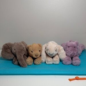 Authentic Set of 4 Jellycat Smudge Tiny NWT Elephant Hippo Bear Rabbit W./Bag